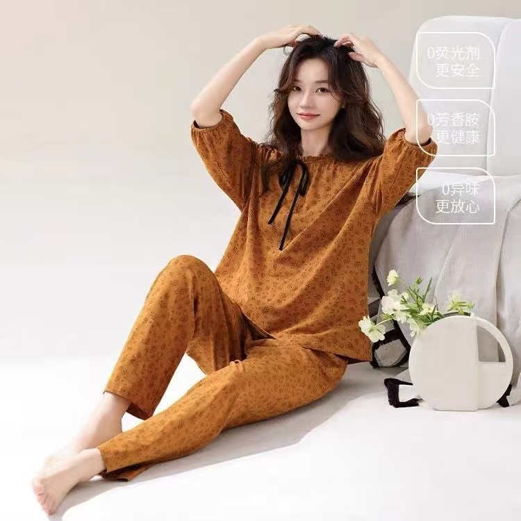 88112夏季纯棉带胸垫女士睡衣五分袖长裤女士家居服睡衣女套装