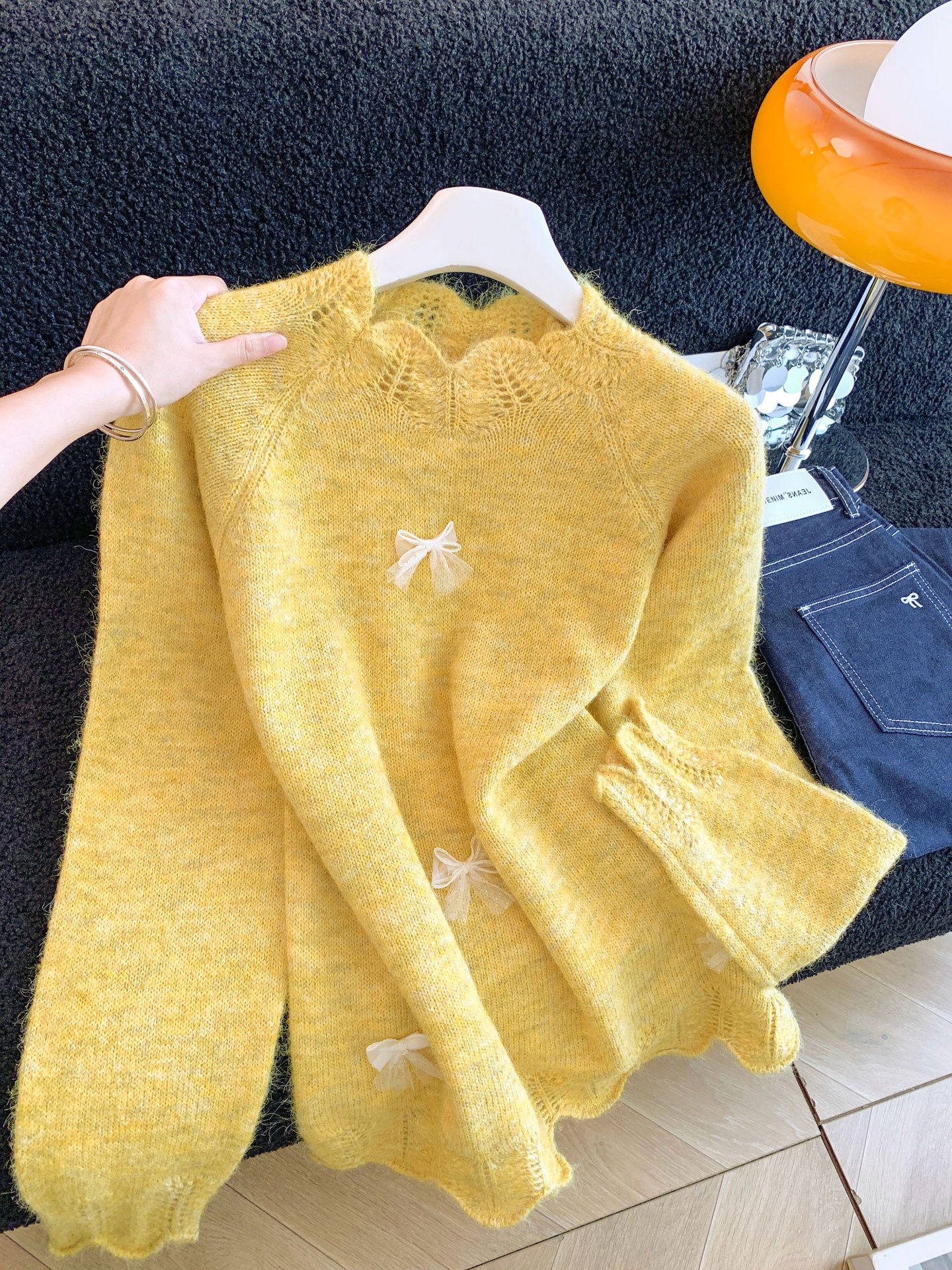 法式软糯新款镂空立领蝴蝶结针织圆领毛针织衫上衣百搭针织衫毛衣