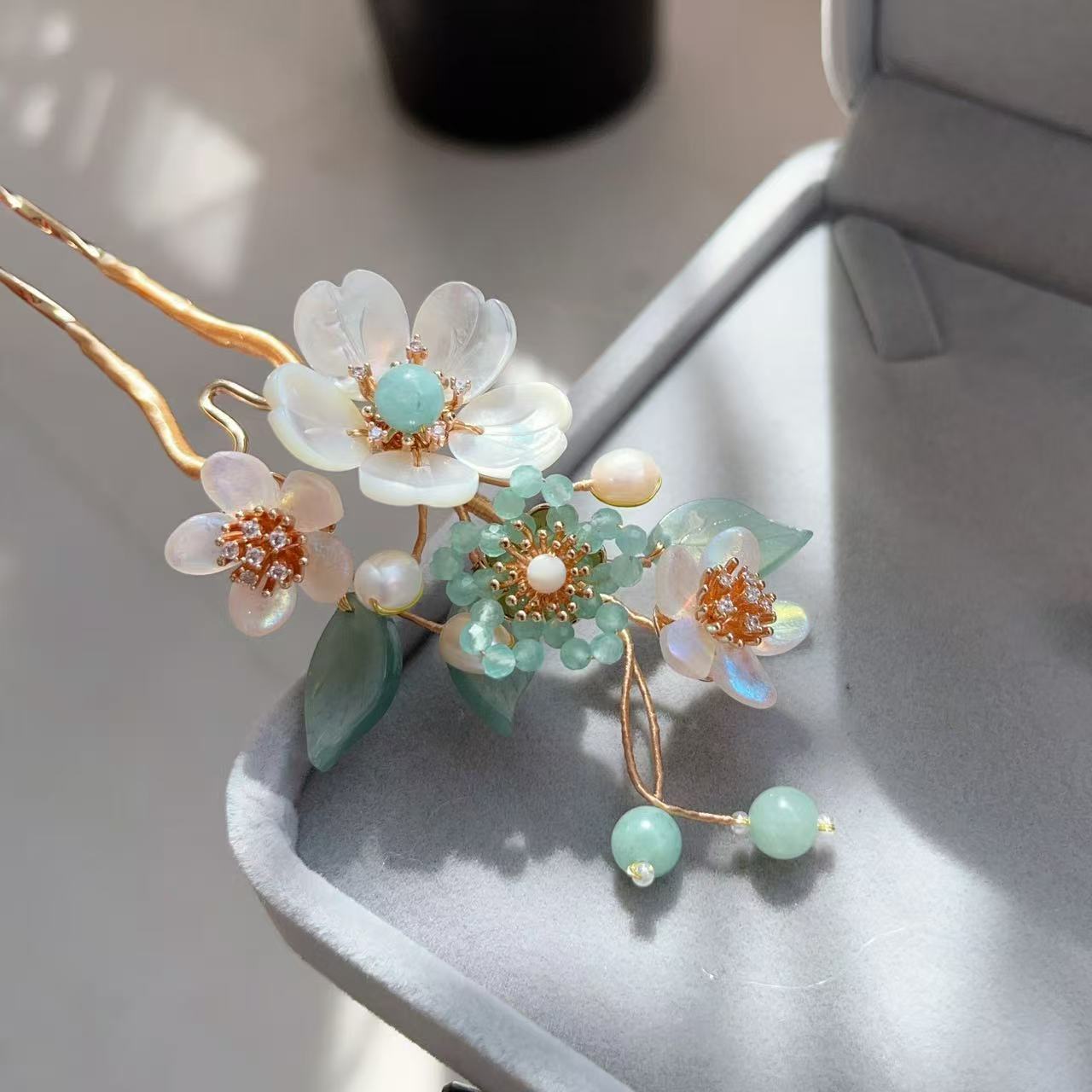 原创风晚林古风配饰清透蓝树叶蝶贝软杆短U钗发钗