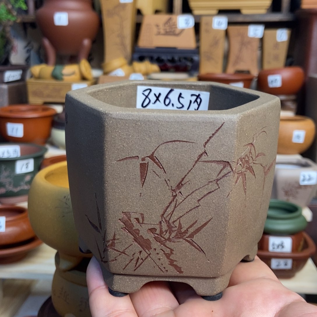 紫砂花盆苏兵，内口经尺寸8×6.5