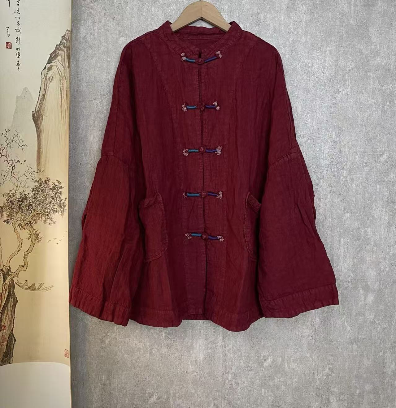 芬雅亚麻复古炒色做旧撞色手工盘扣双层开衫外套[衣长70胸围150]