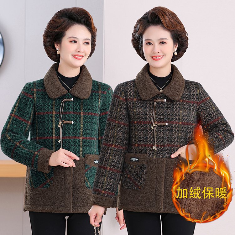 妈妈装时尚外套中老年装加绒加厚流苏外套圆领格子休闲气质外套