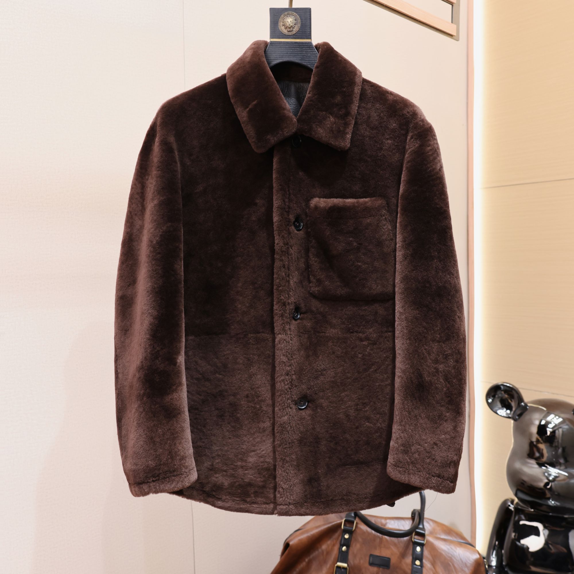 L*P家进口美利奴羊毛皮毛一体衬衫款男装冬季外套