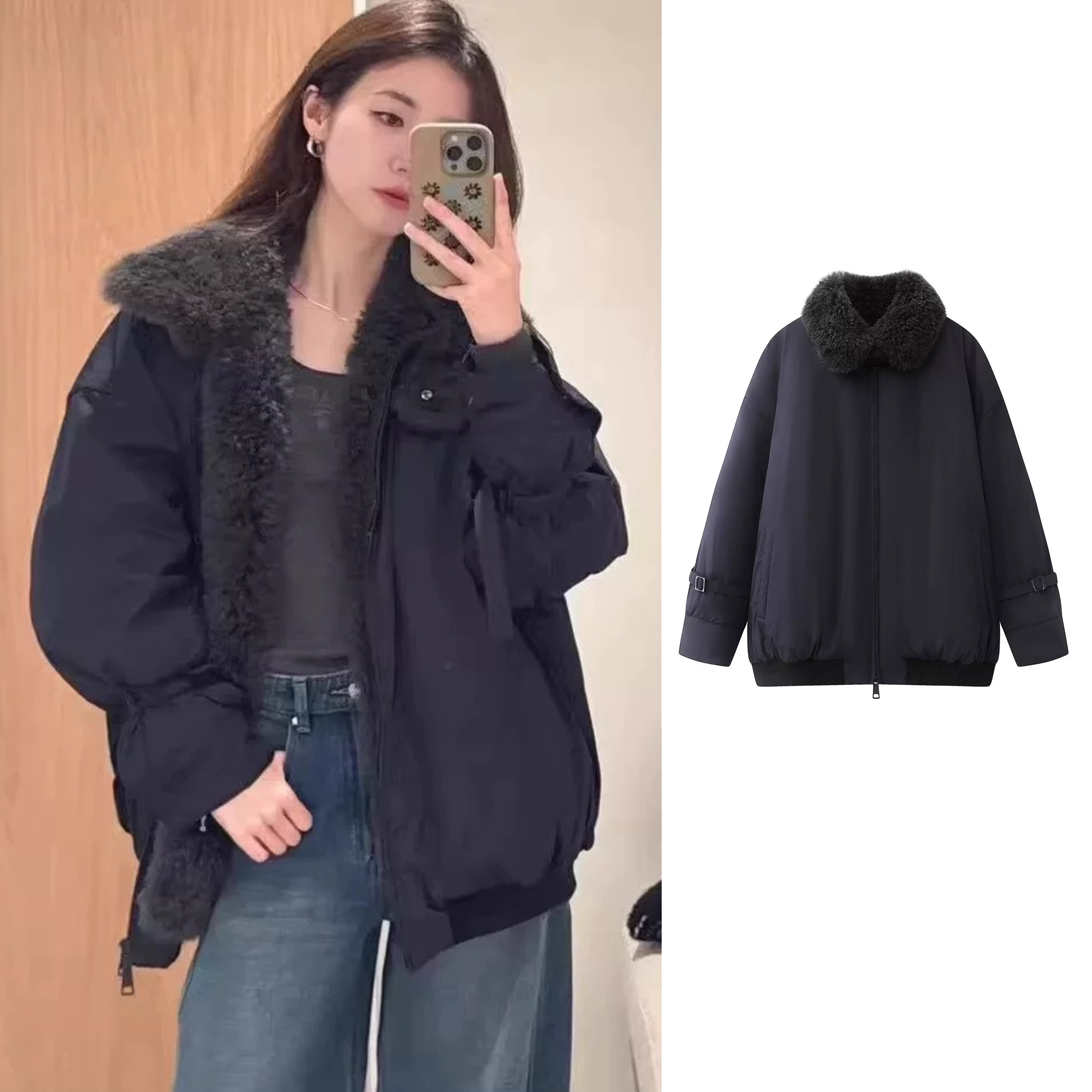 2025年冬季新款百搭宽松拼接毛领袖口可调节派克羽绒服外套女