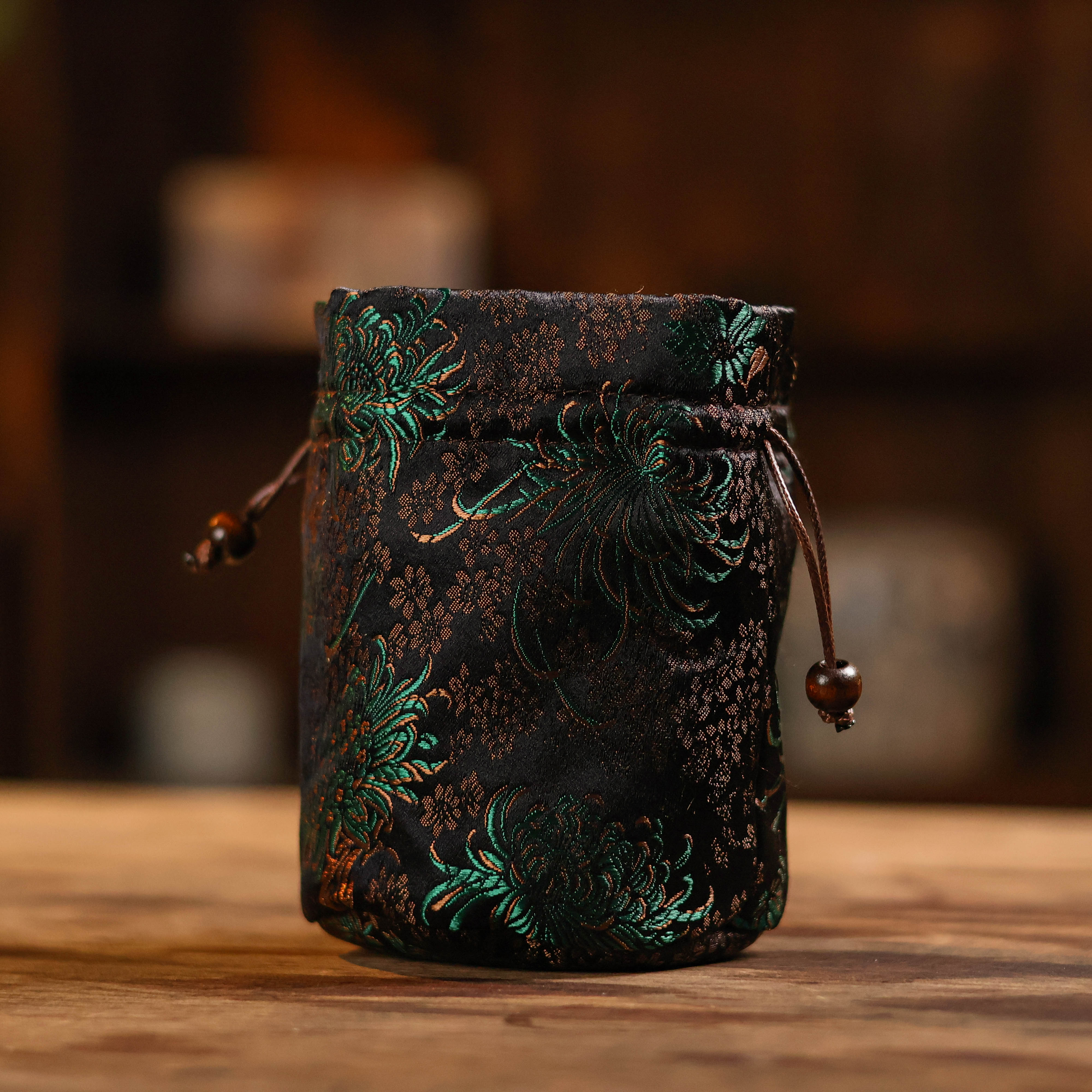 阿茶 绿色织锦皮绳圆口单杯袋（慢蓝S0887）