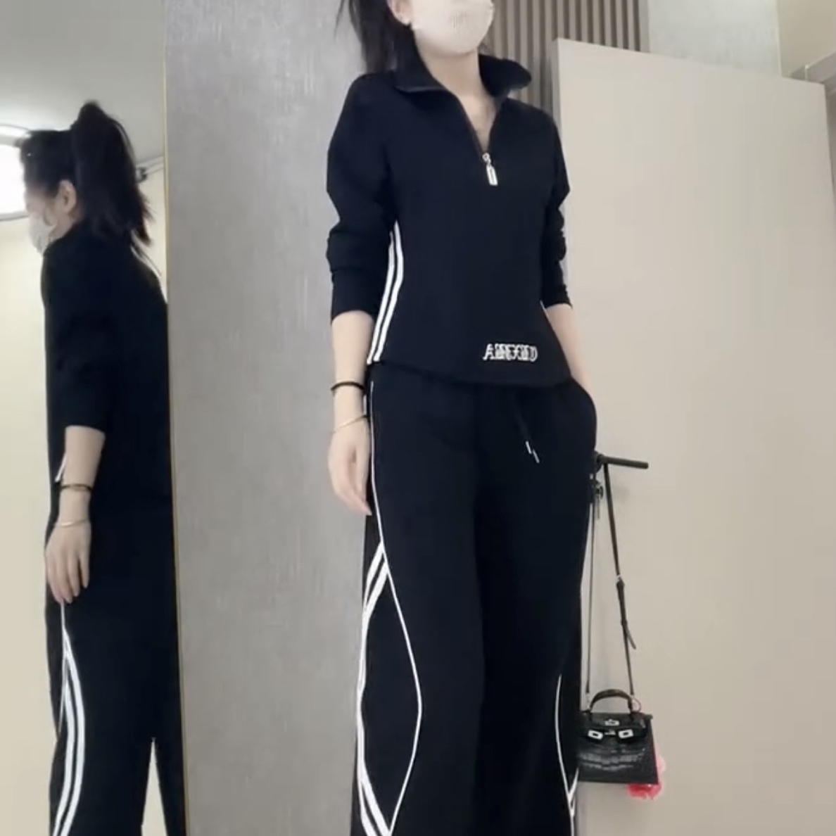 休闲运动套装女2025春秋新款时尚显瘦拼接条纹上衣阔腿裤两件套潮