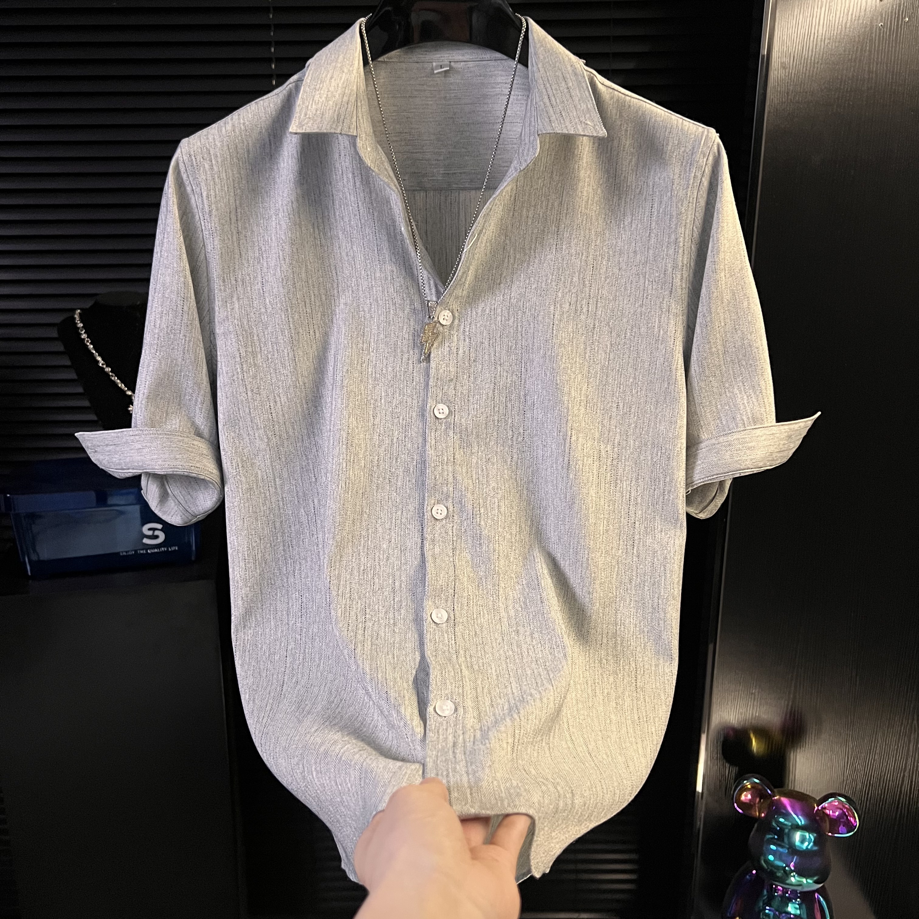 DB-夏季七分袖衬衫气质修身高级感男装新款商务休闲条纹短袖衬衣