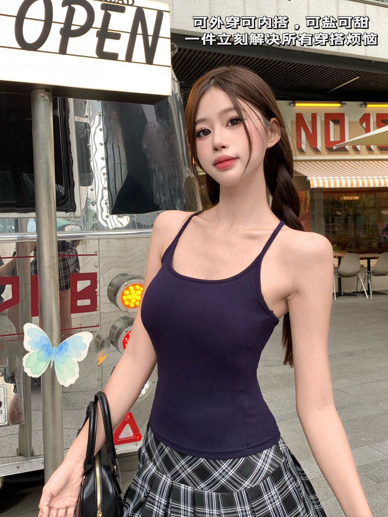 【3】挂脖辣妹运动小众韩系假两件吊带背心内搭修身辣妹风