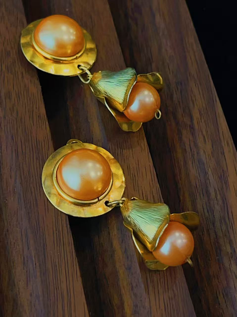 合金树脂耳饰 美物花园vintage-中古珍珠镶嵌耳夹扫肩