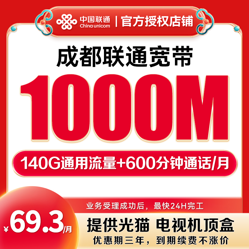 【69.3月租】成都联通千兆宽带每月140G全国流量600分钟6张免费副卡