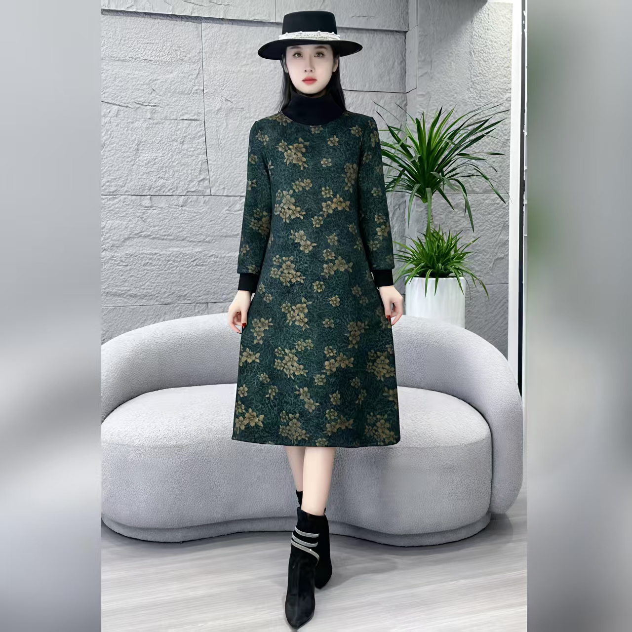 10216-新款连衣裙加绒保暖时尚长袖气质显瘦加厚裙子冬裙【C仓】