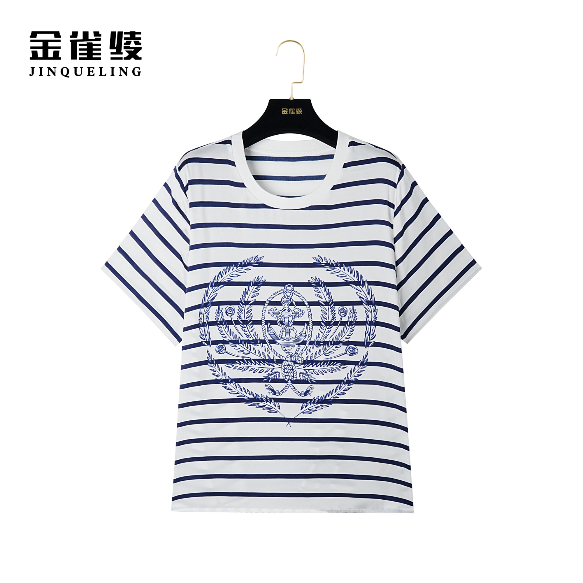 金雀绫【小船长】桑蚕丝时尚条纹圆领宽松小衫AS6116