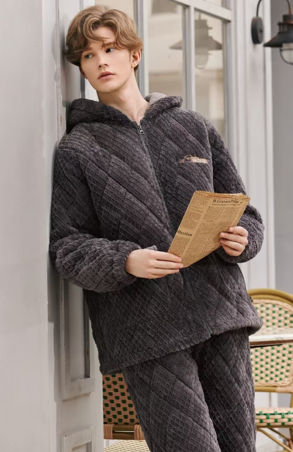 25580049冬季男睡衣家居服加厚休闲时尚连帽居家