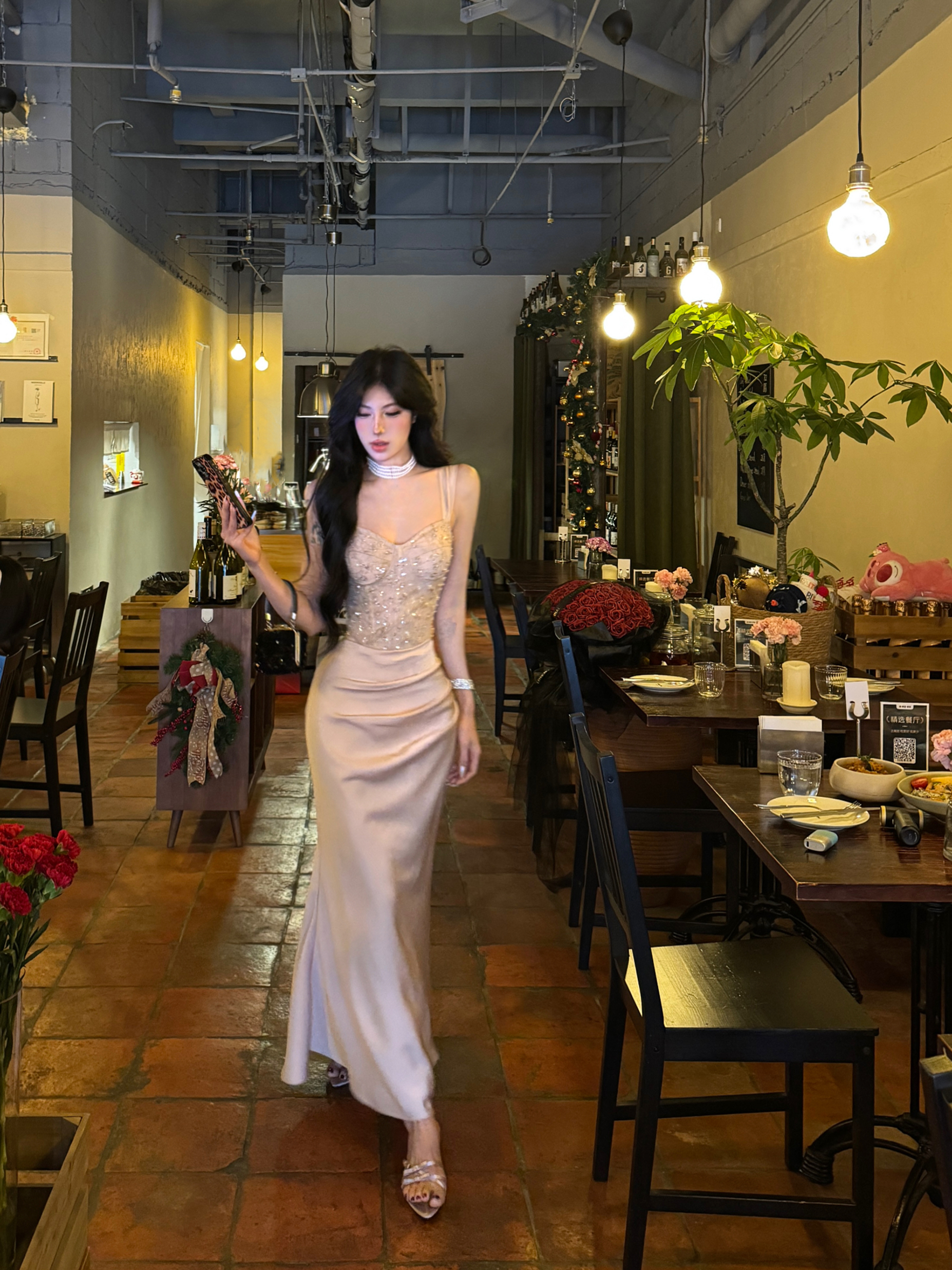 Z32952法式名媛拼接亮片钉珠吊带连衣裙女秋百搭修身晚礼服包臀裙