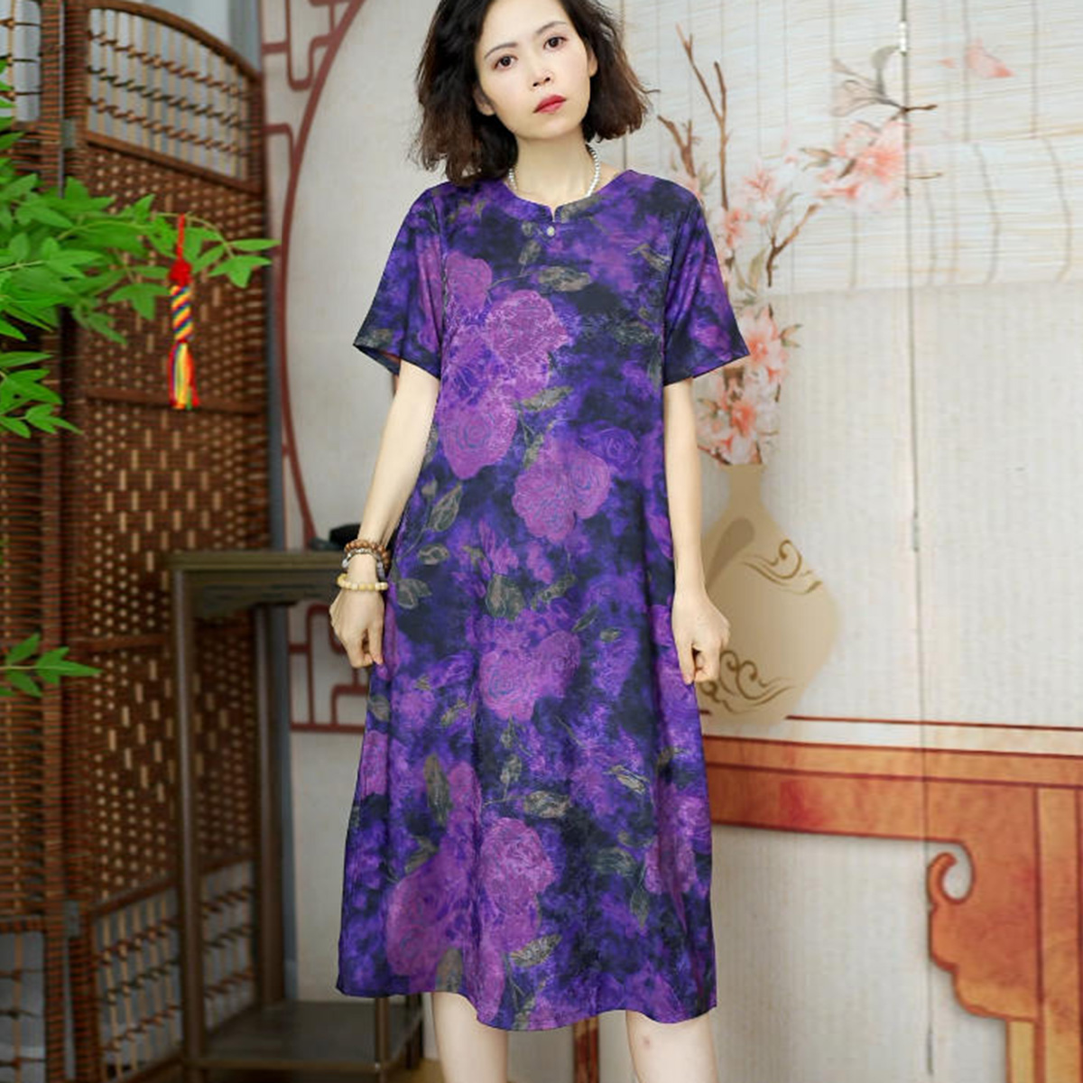 215紫色玫瑰 女装连衣裙春秋季提花裙子九分袖大码显瘦气质时尚