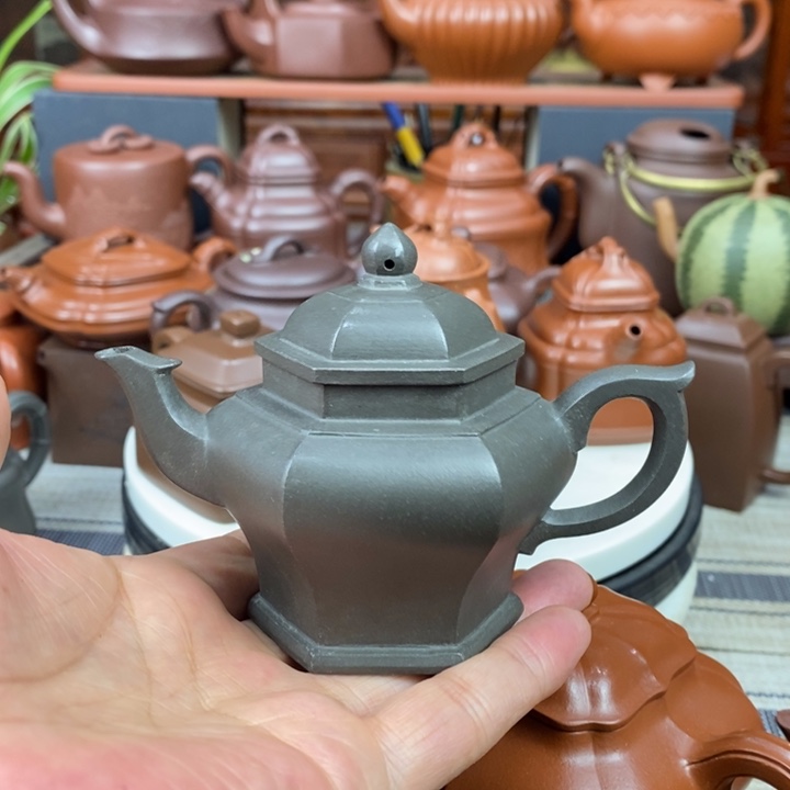 紫砂茶壶六方宫灯100CC原矿老天青紫砂特价