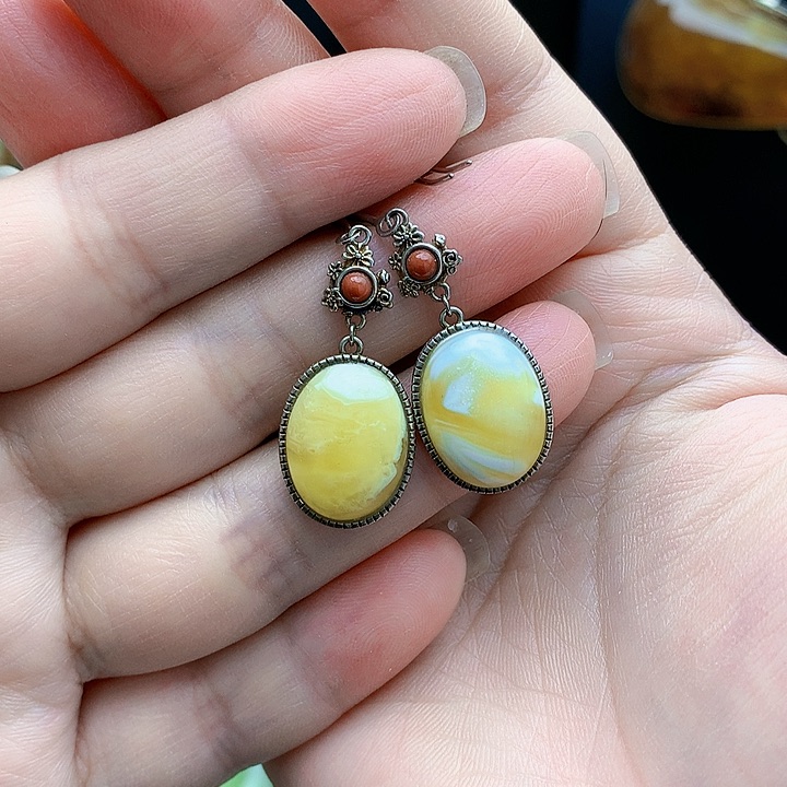 银S925镶嵌琥珀裸石耳坠