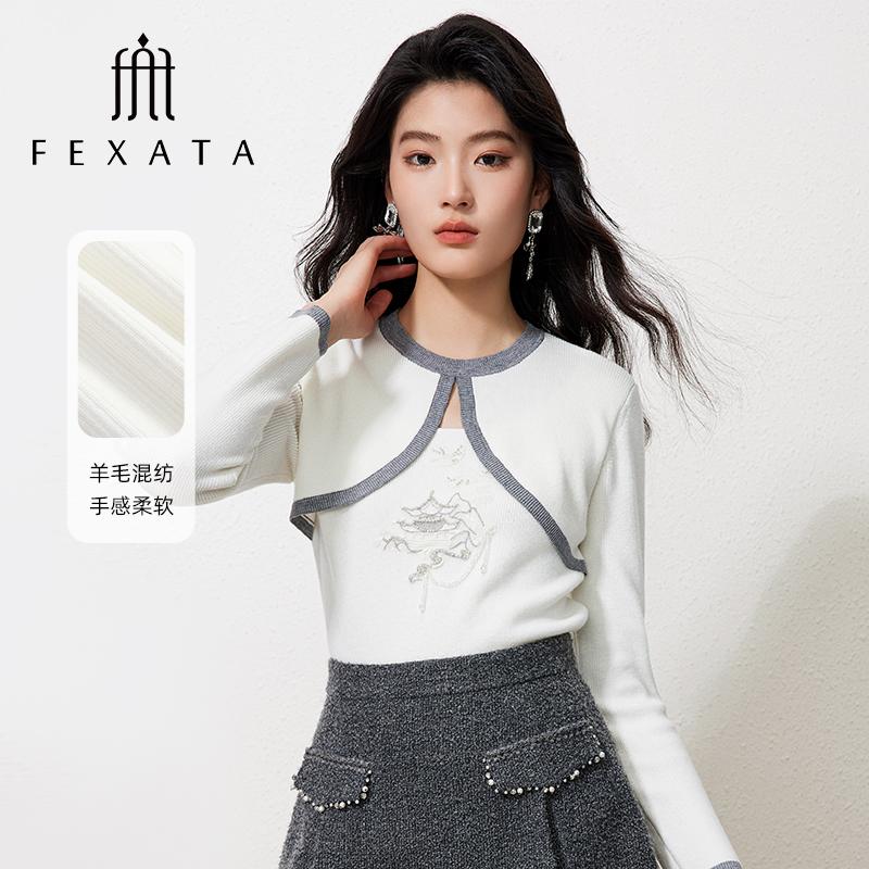 FEXATA斐格思2025冬季新品圆领国风刺绣长袖毛针织衫女假两件上衣