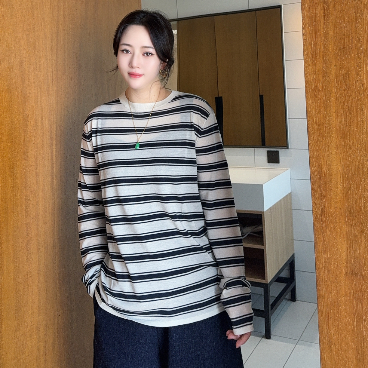 条纹长袖T恤女秋季韩版宽松显瘦慵懒风休闲上衣(no退换)