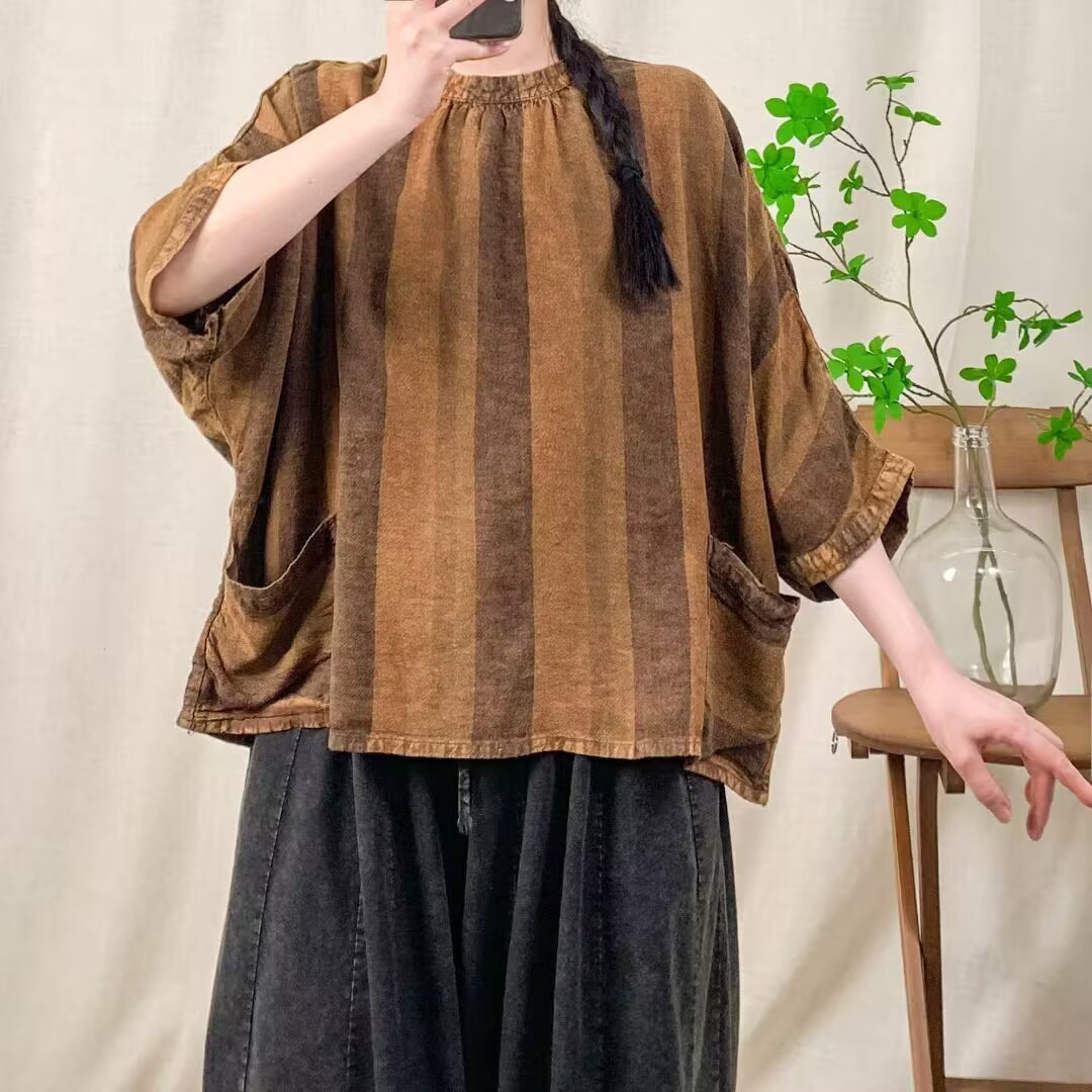 2025夏韩版宽松复古亚麻条纹炒色做旧套头T恤百搭休闲上衣女