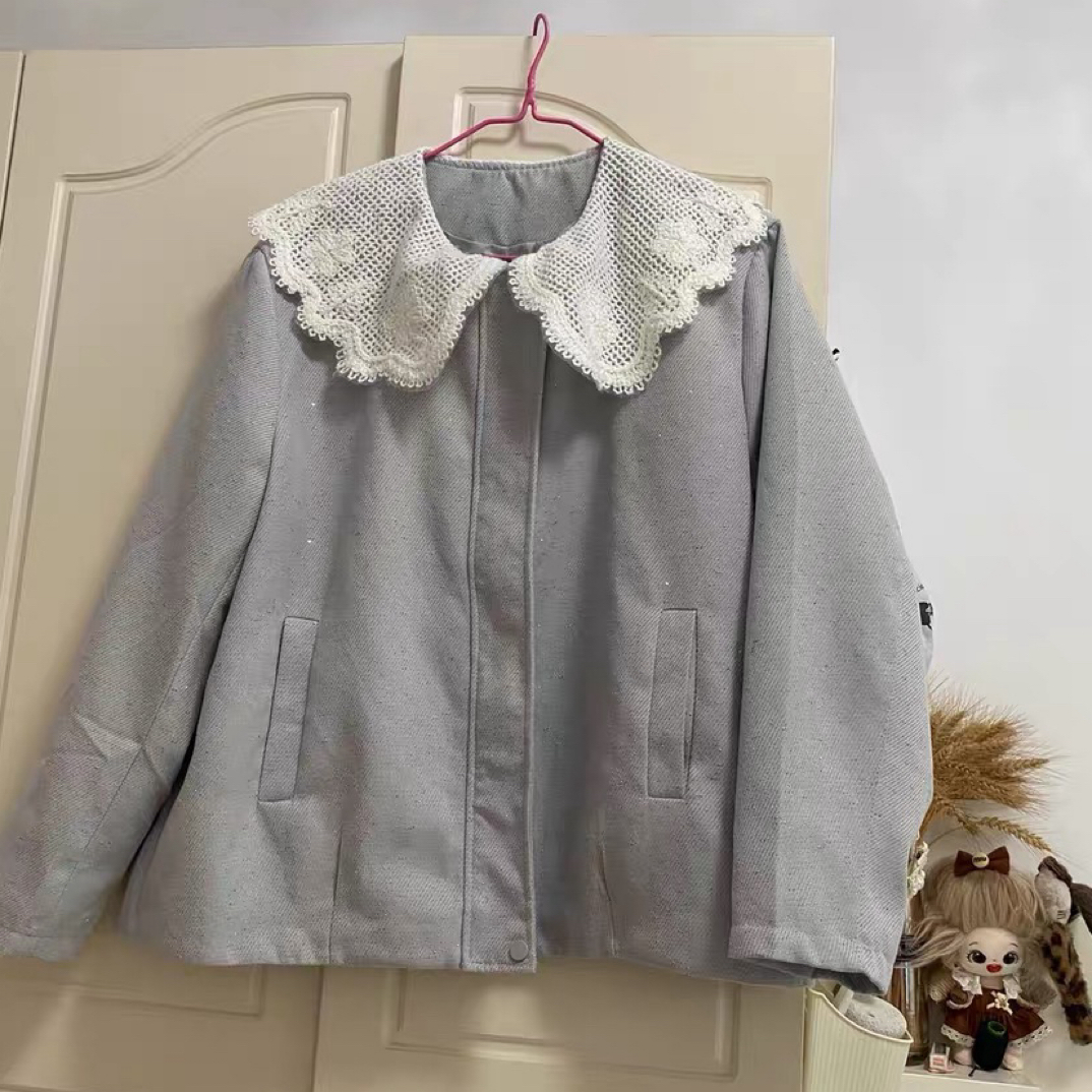 娃娃领常规厚款短款长袖女短外套翻领休闲女装拼接