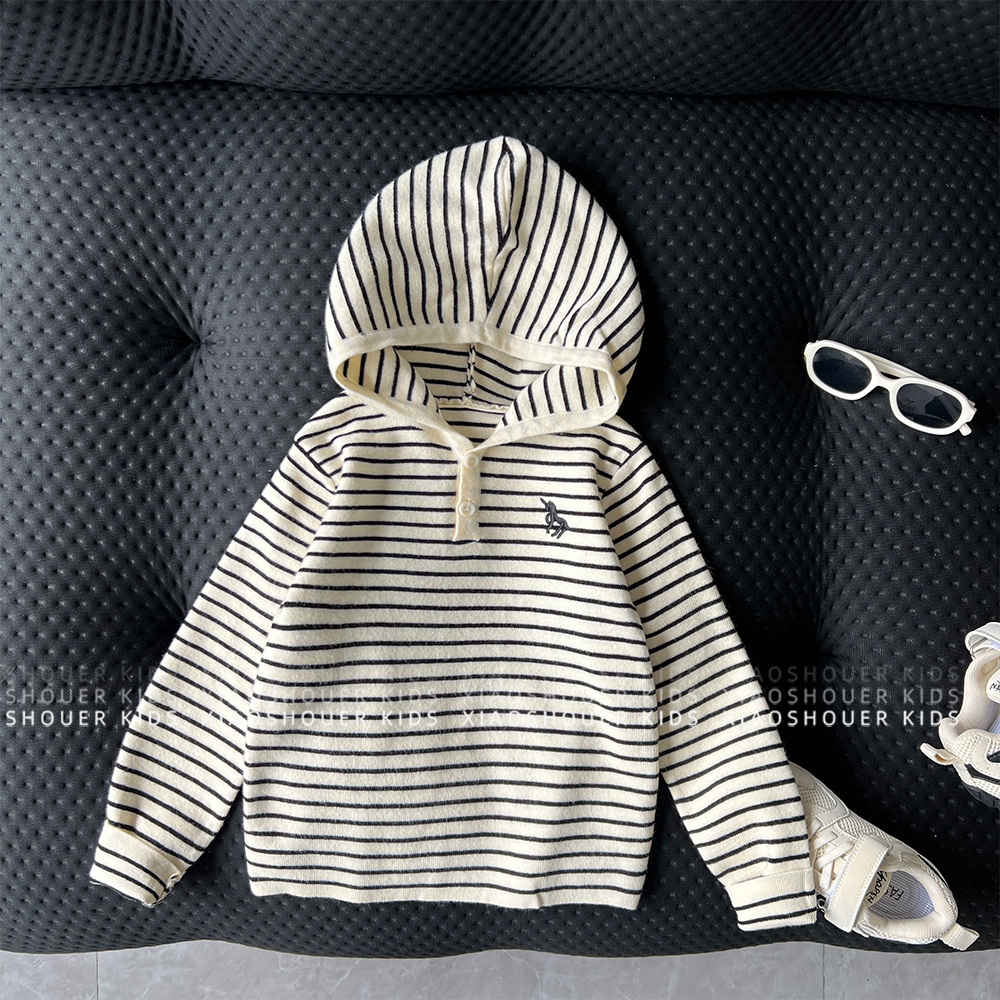 【小首尔】现货-秋冬男女童韩版刺绣条纹针织连帽套头毛衣HBB8197