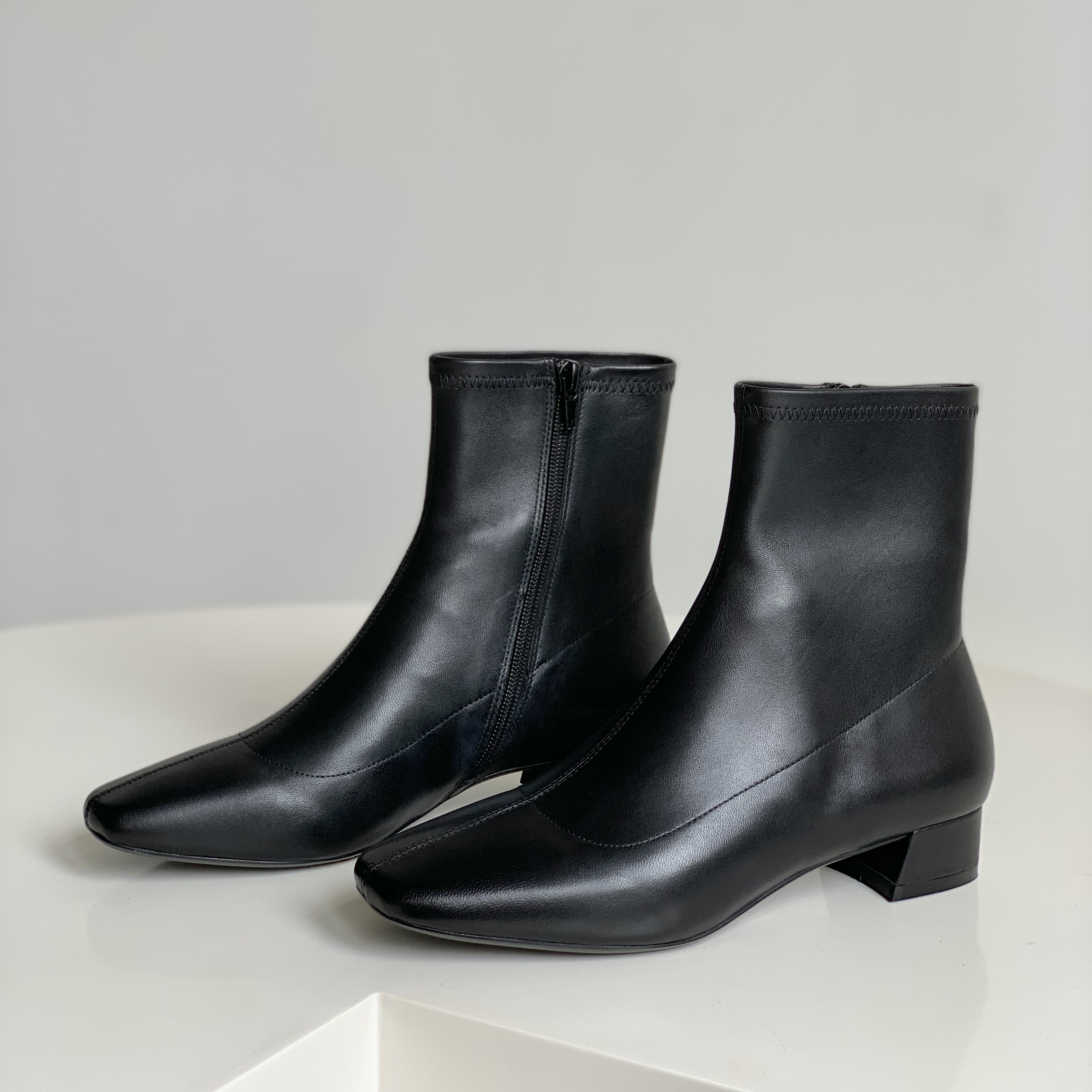 3CM跟高头层牛皮方头粗跟低跟侧拉链短靴靴子气质，8382BY靴