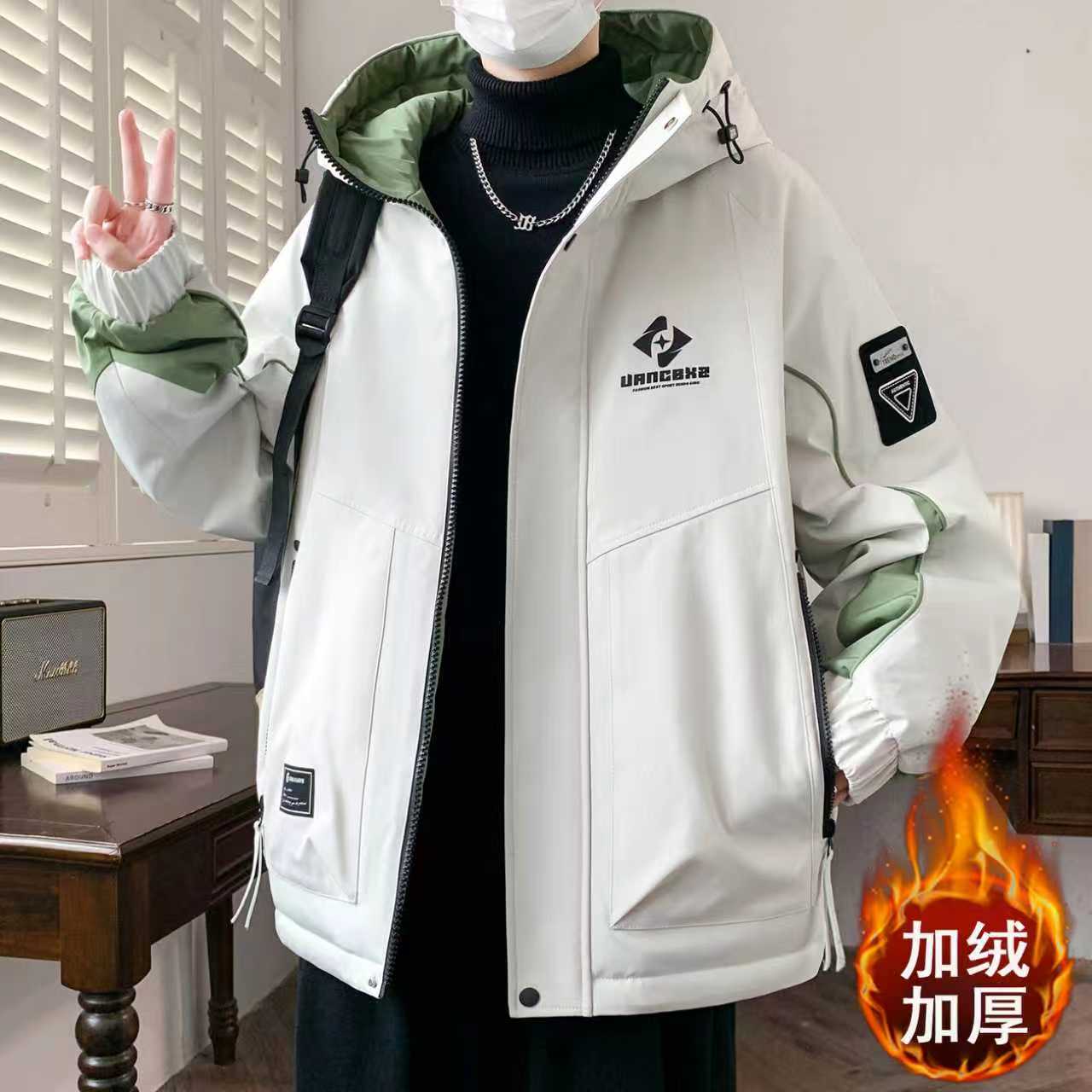 冬季青少年外套加绒加厚棉衣男连帽韩版潮流帅气初高中生保暖夹克