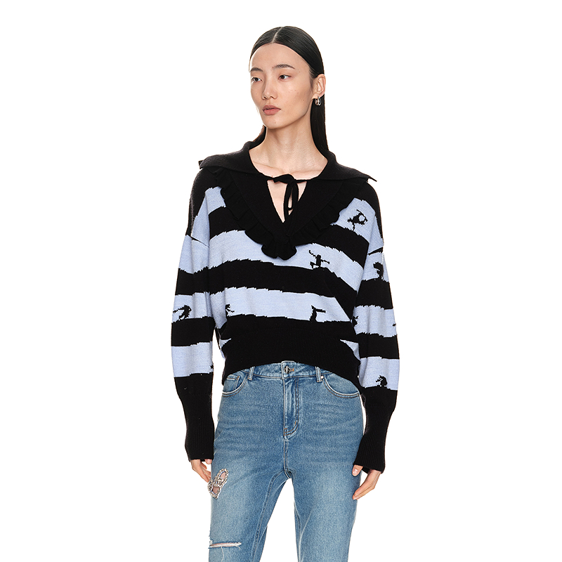 H·GENTEEL荷高年新冬女主题提花图案条纹针织衫GUD41650559