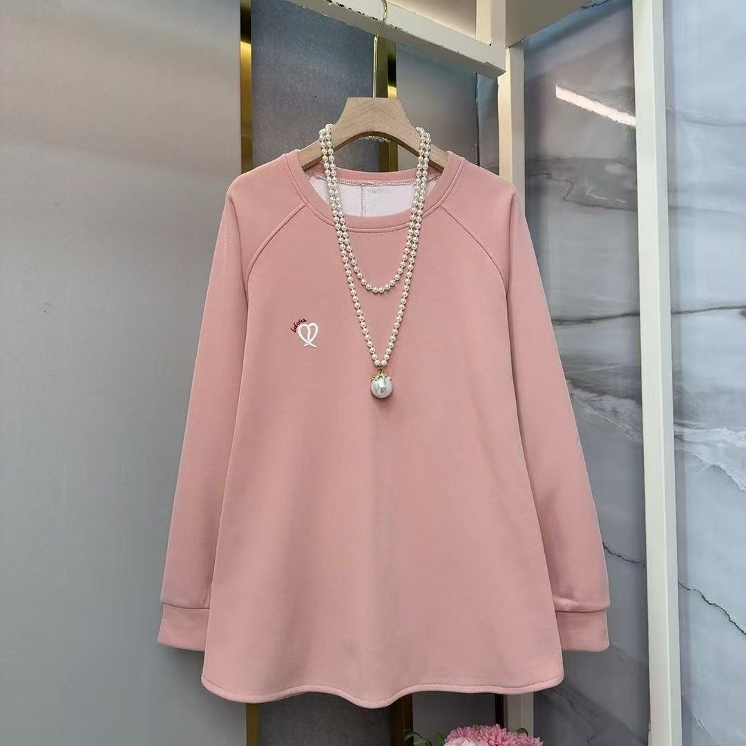 2025秋冬新款大码女装宽松显瘦笑脸刺绣长袖T恤休闲上衣内搭卫衣