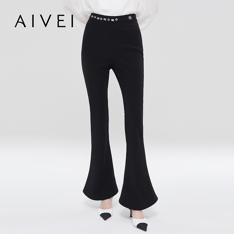 AIVEI欣贺艾薇2023春季新高腰缝钻复古修身显个喇叭长裤Q0160057