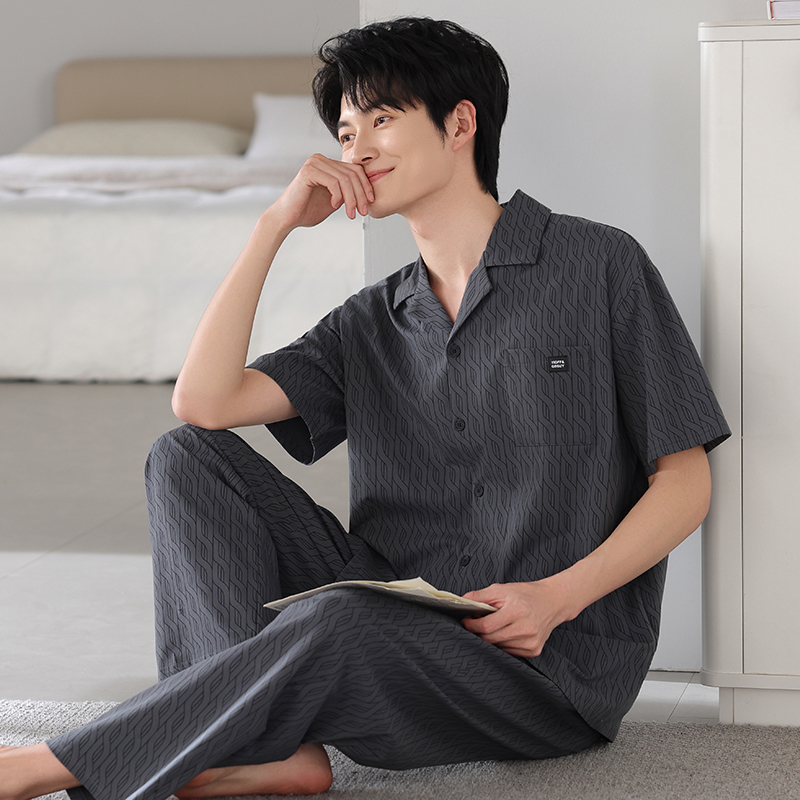 夏季新款纯棉睡衣男士透气薄款亲肤短袖长裤可外穿宽松家居服套装
