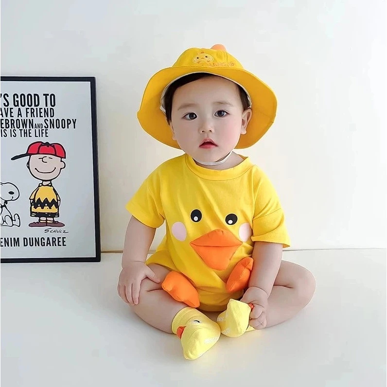 【小黄鸭连体衣】婴儿夏季包屁衣短袖棉连体衣哈衣宝宝三件套