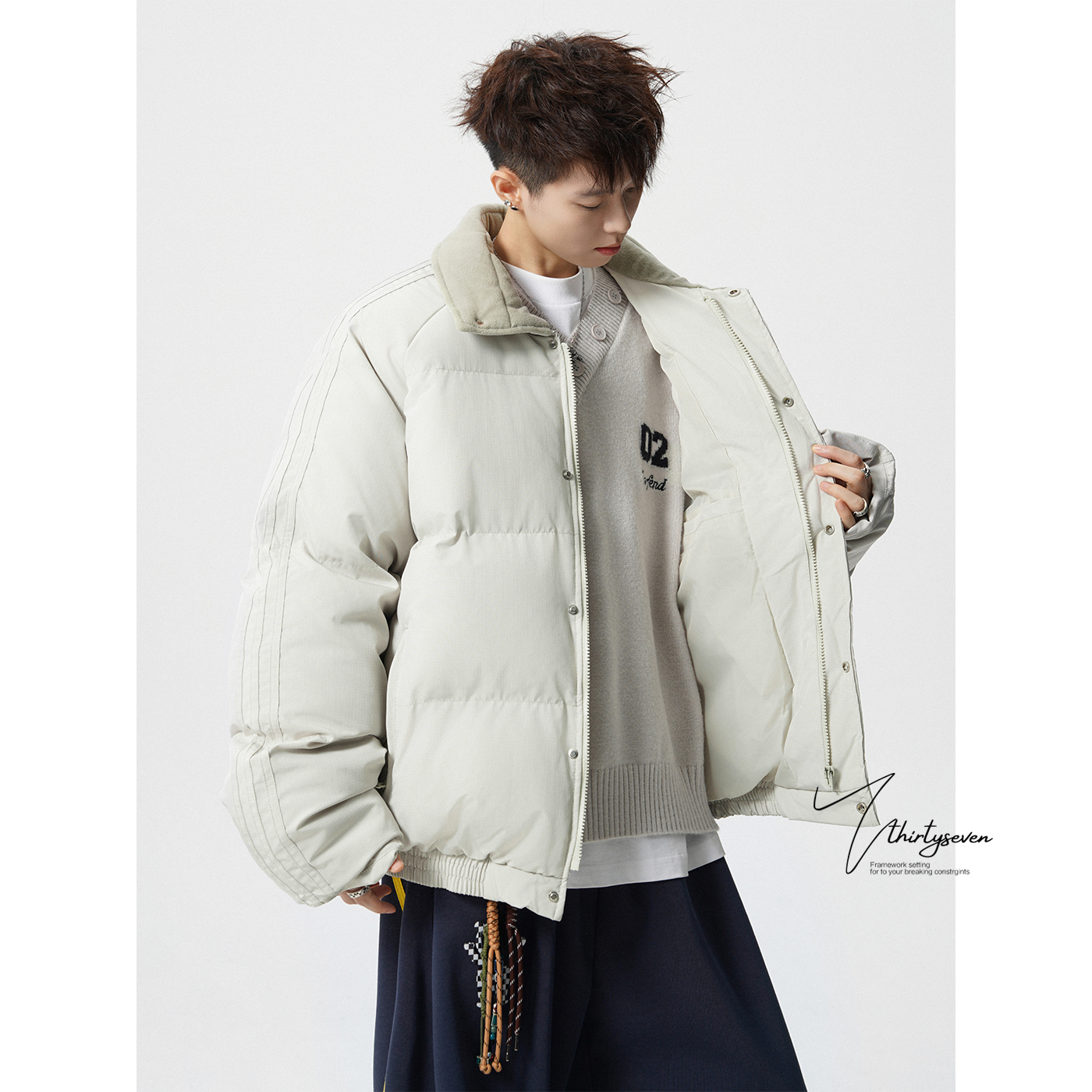 V37美式织带拼接翻领夹克棉服男冬季潮牌青少年休闲保暖棉衣外套