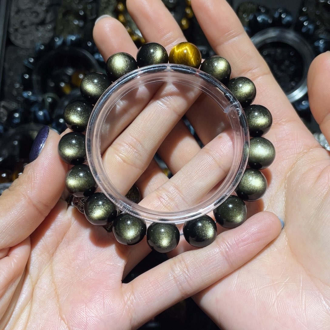 荷***黑曜岩未镶嵌手链加一颗黄虎