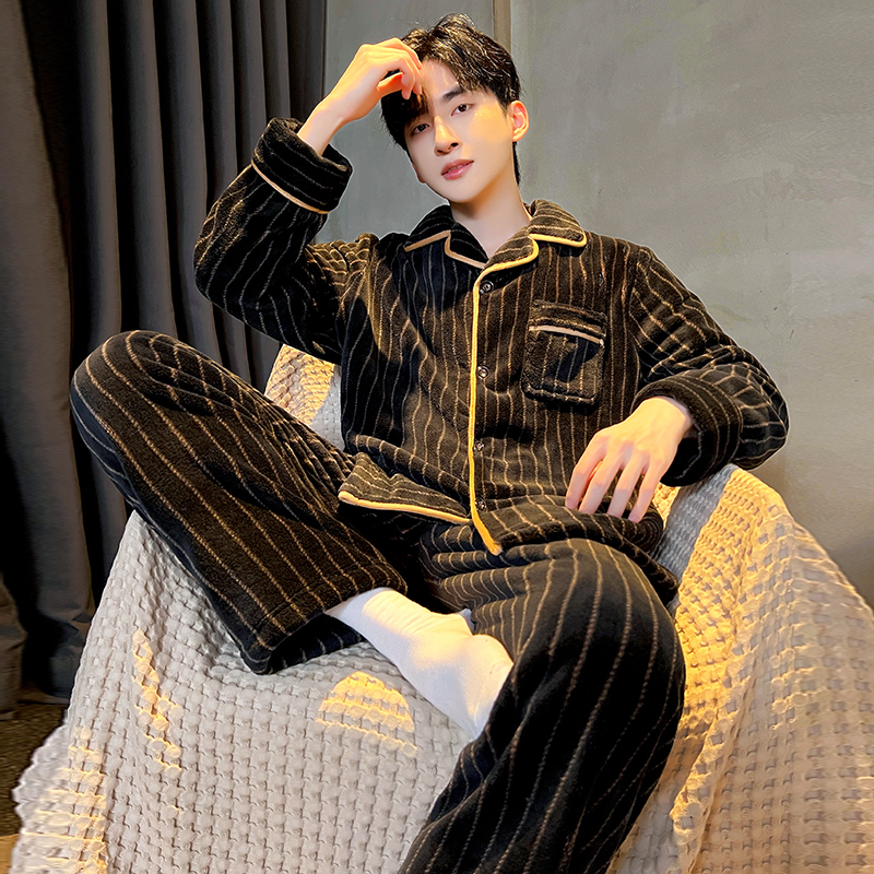 新款秋冬季男士时尚长袖慕斯绒可外穿睡衣舒适加厚保暖套装家居服