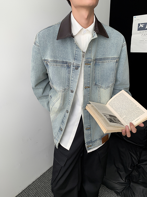 2025秋冬新款复古做旧皮领设计感宽松牛仔外套男女款休闲百搭夹克