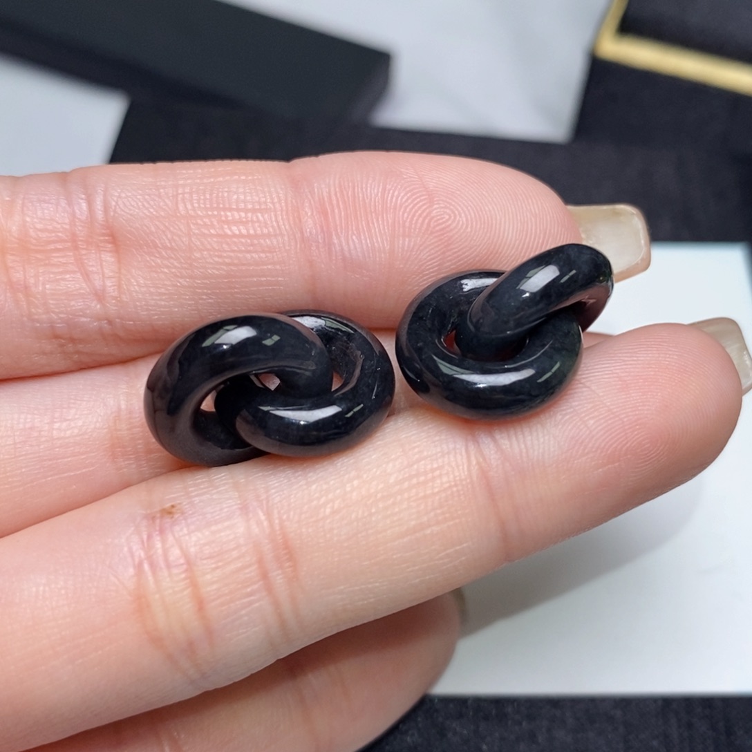 翡翠未镶嵌耳饰黑乌鸡双环