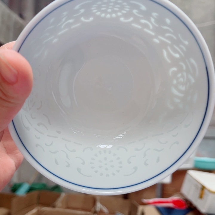 青花玲珑5寸饭碗满雕双福双线