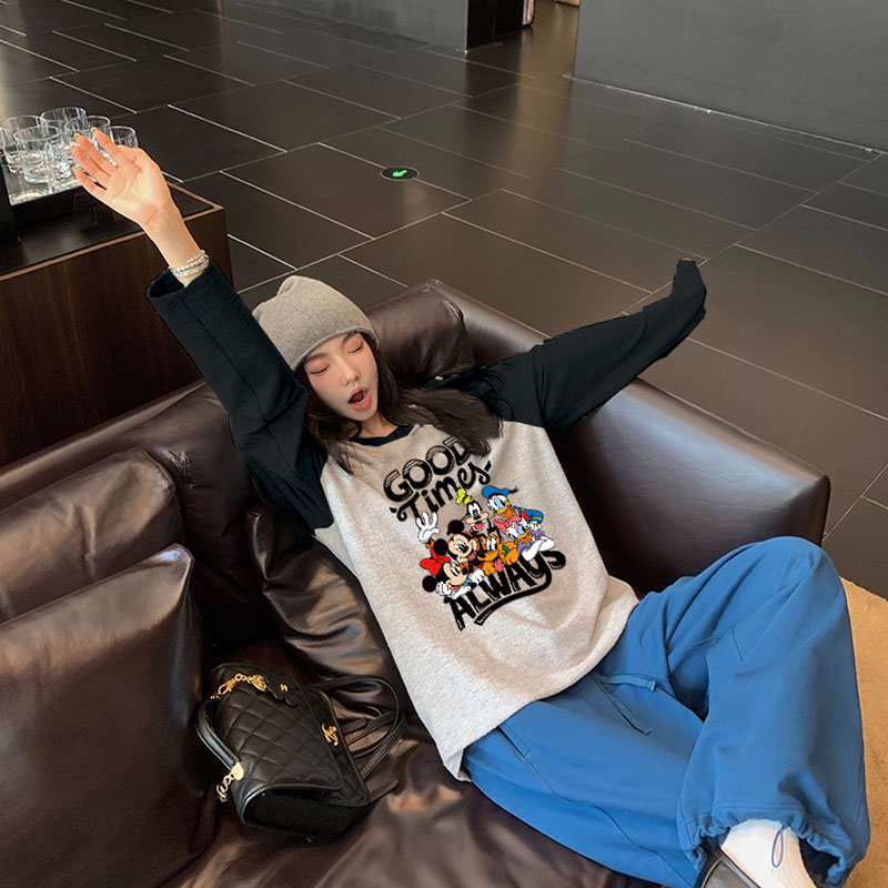 港风ins米奇印花长袖潮牌百搭t恤上衣洋气女装网红洋气炸街女装