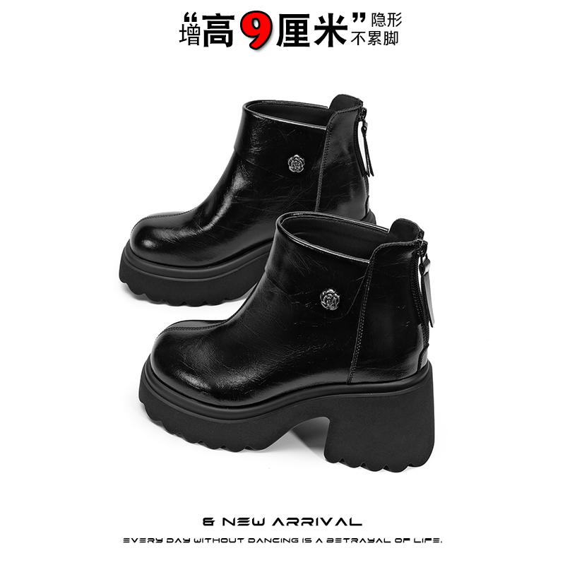 9cm马丁靴女秋冬粗跟显瘦加绒短靴真皮百搭英伦风时尚高跟山茶花