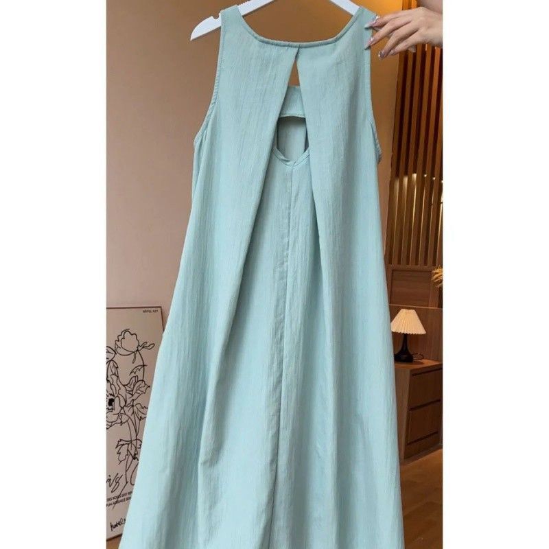 露背百褶无袖背心连衣裙裙子夏季气质外穿法式薄款宽松纯色韩版