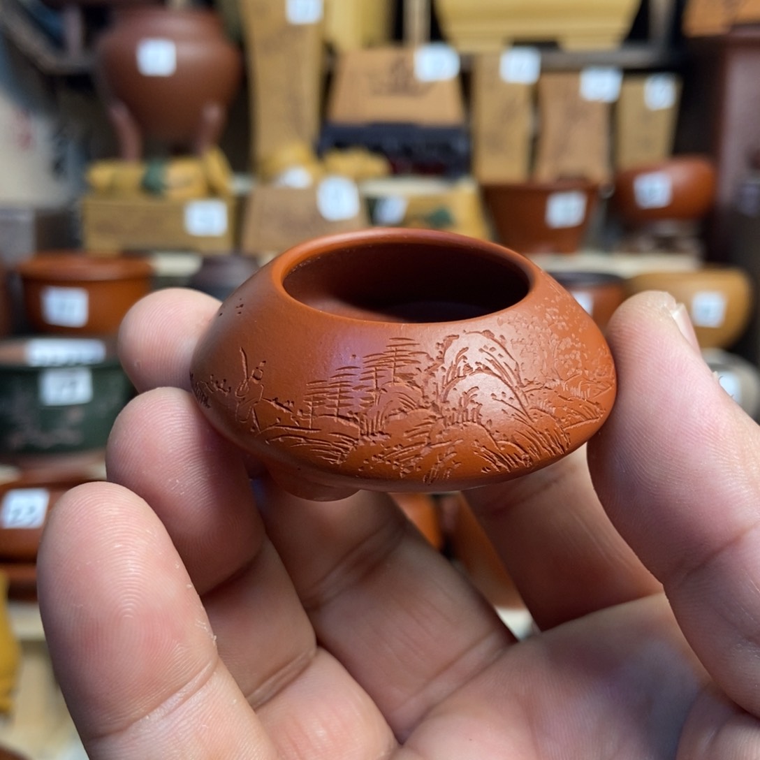 紫砂花盆孙伟手工制作带刻绘，内口经尺寸3×1.5