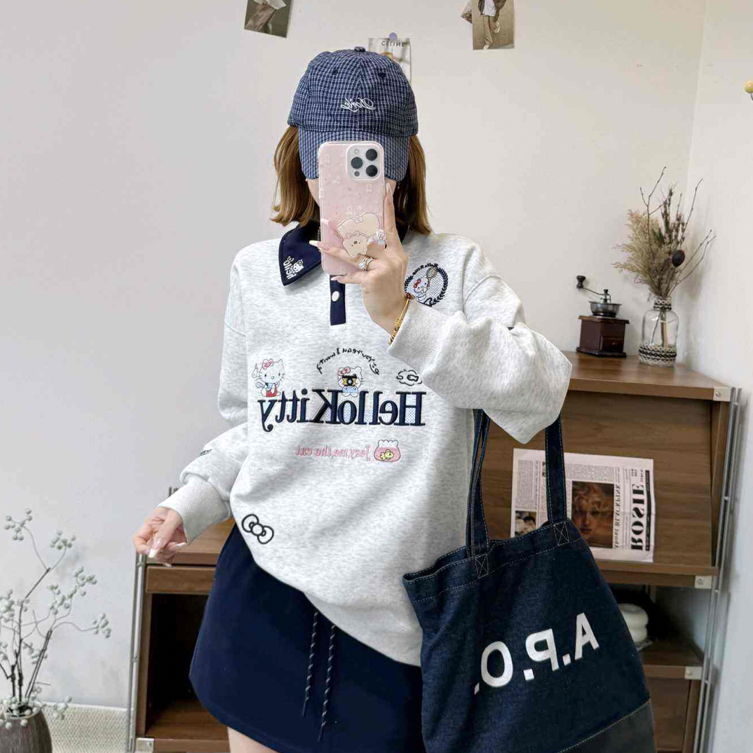 秋季新款KT猫重工刺绣翻领长袖卫衣Polo领女韩版宽松百搭休闲卫衣