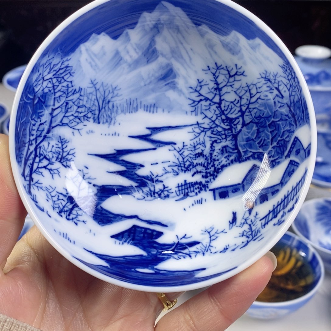瓷片青花雪景主人杯杯