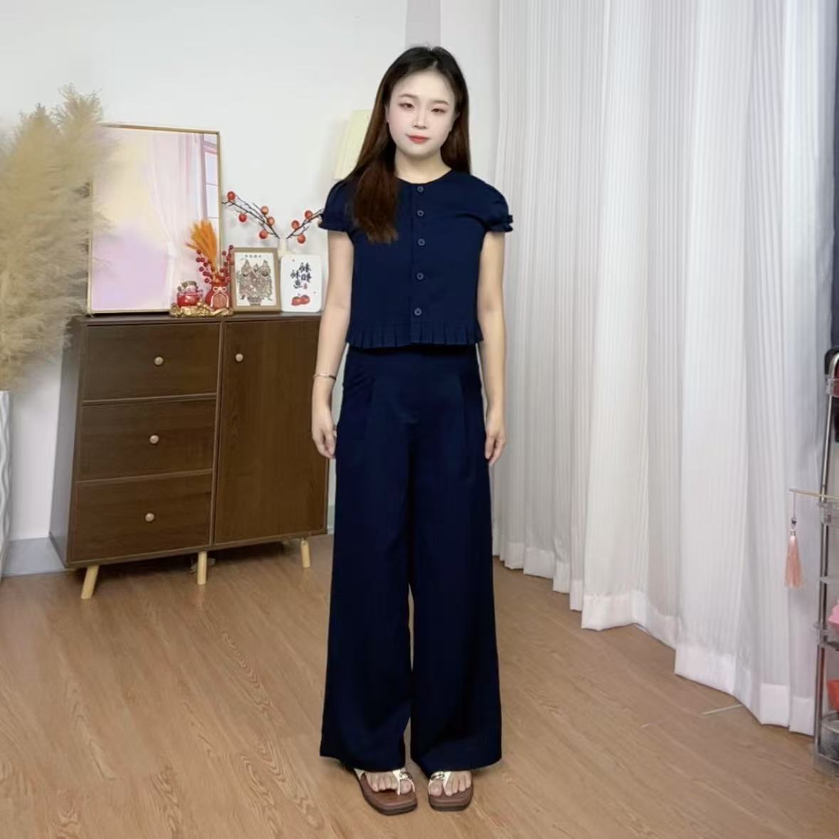 【2珍珍小个子】140cm气质温柔花边圆领衬衫舒适阔腿裤两件套072