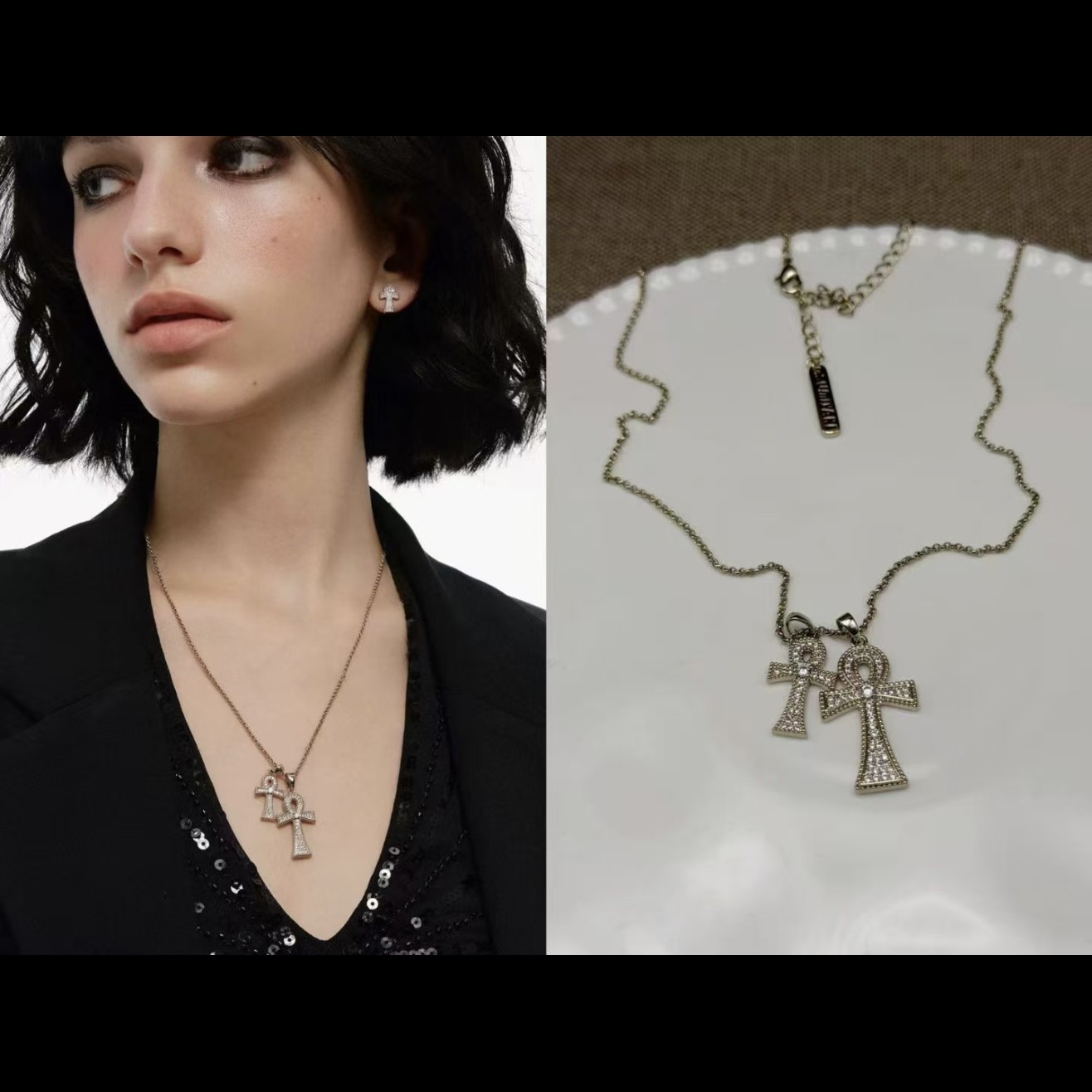 C577浅太金色双十字闪闪项链