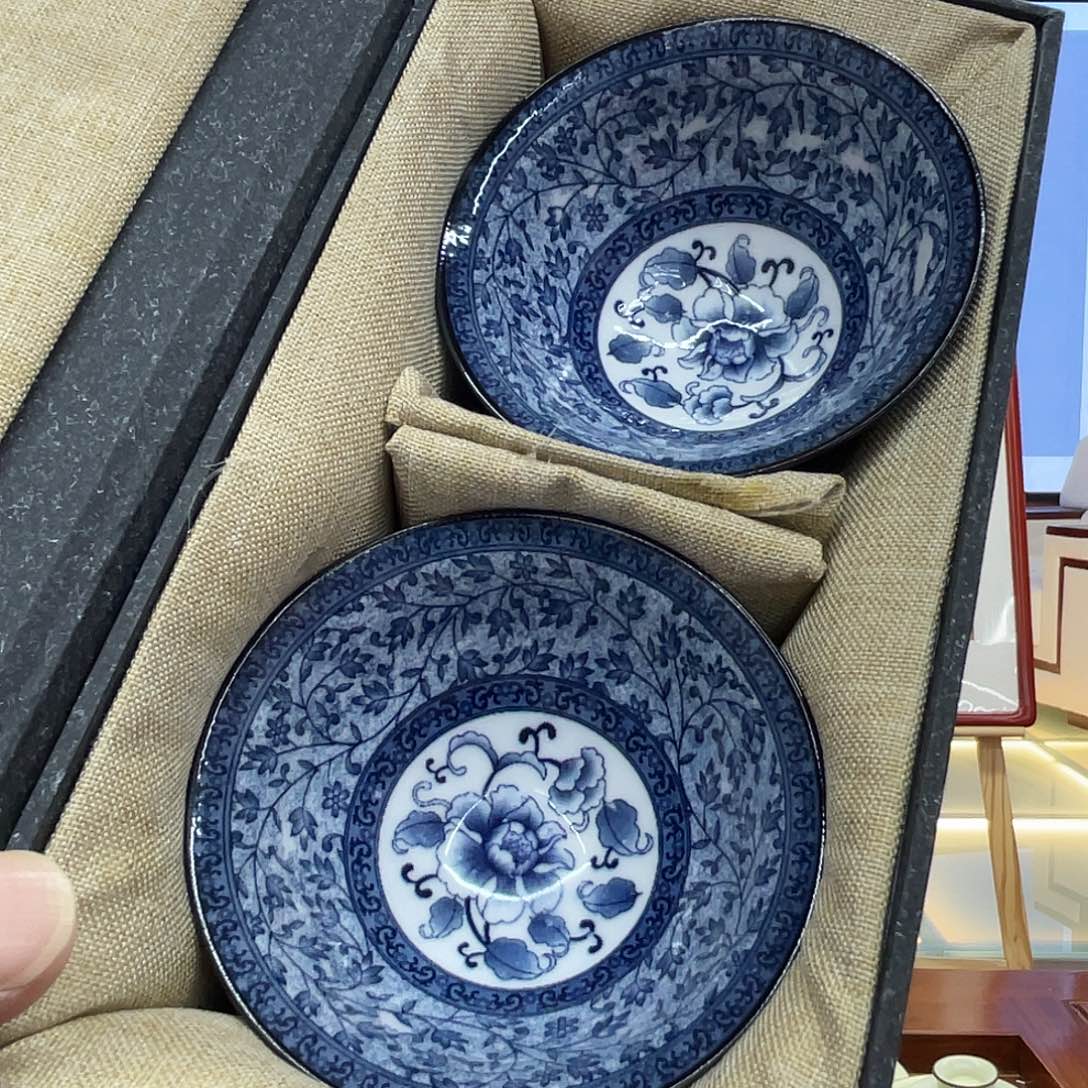 绘画青花斗笠杯，一对儿2个装，花纹随机