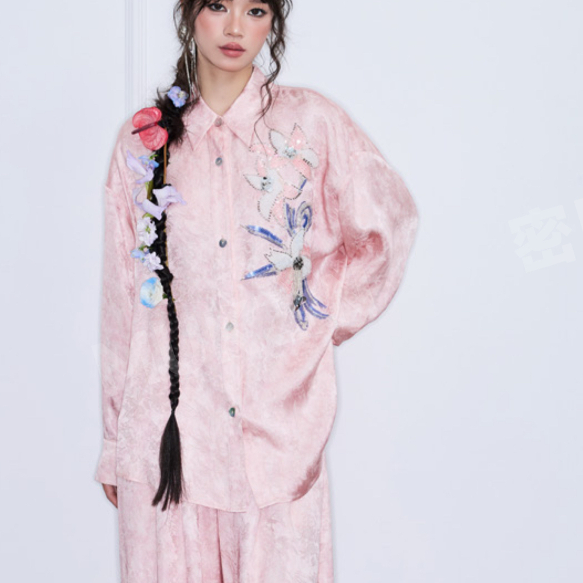 宽松粉色草木染长袖国风衬衫早秋时尚上衣