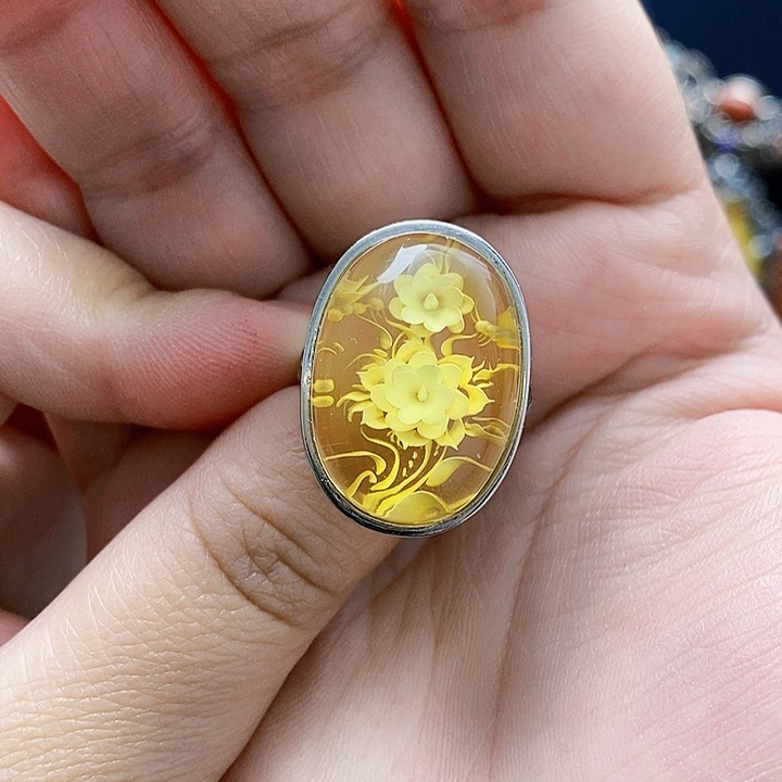 琥珀裸石银S925镶嵌戒指